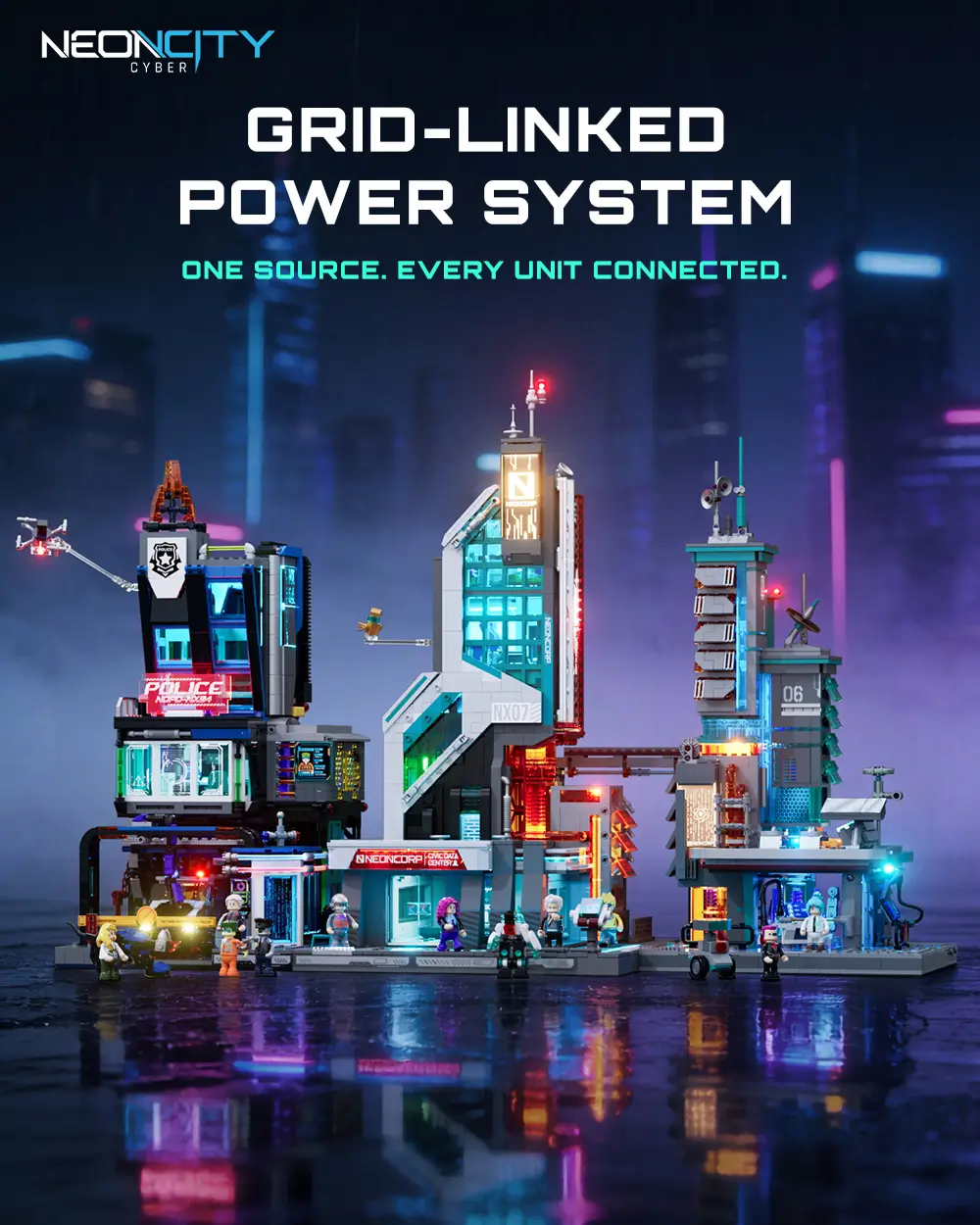 Несколько соединённых зданий Lumibricks в едином Cyberpunk Neoncity