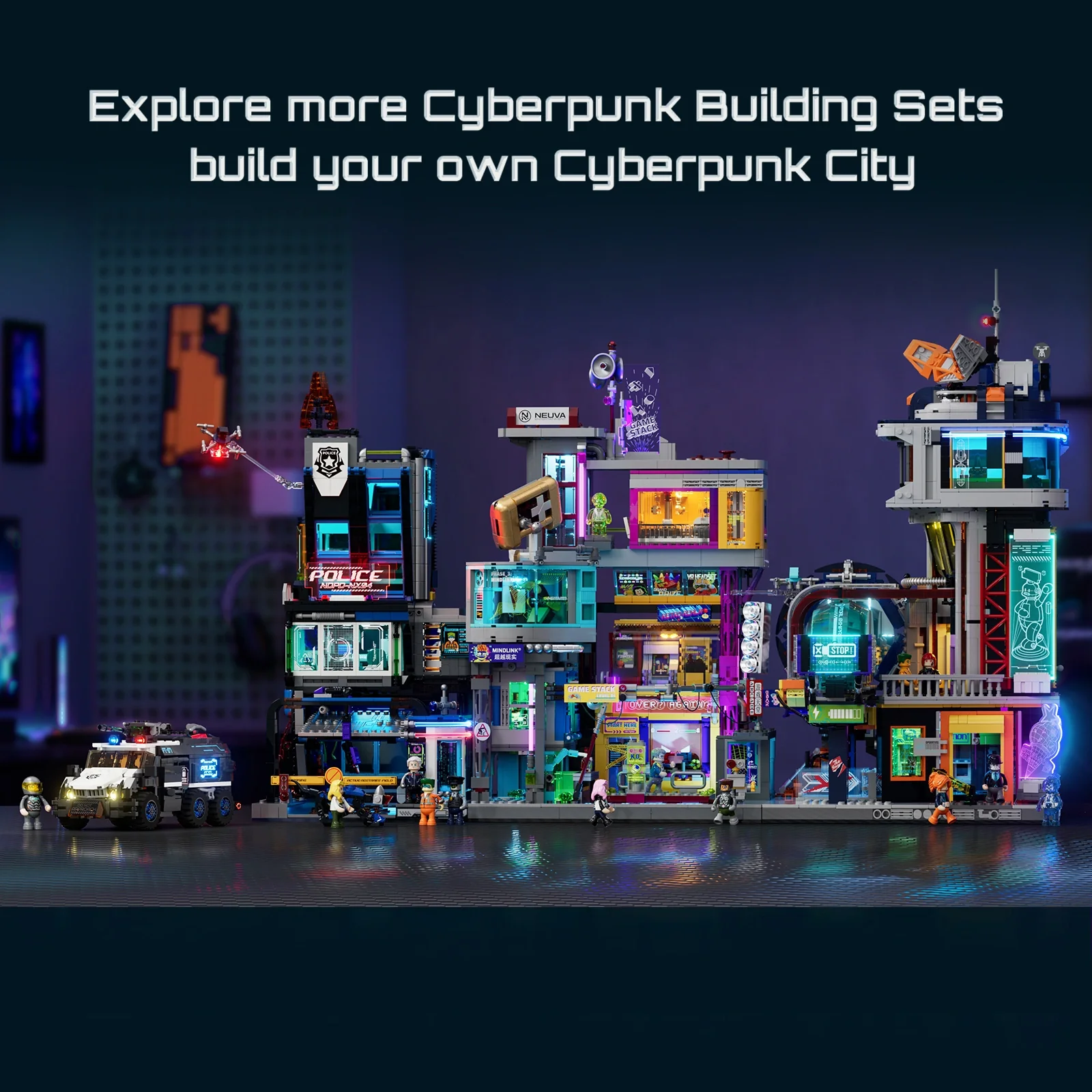 Несколько соединённых зданий Lumibricks в едином Cyberpunk Neoncity