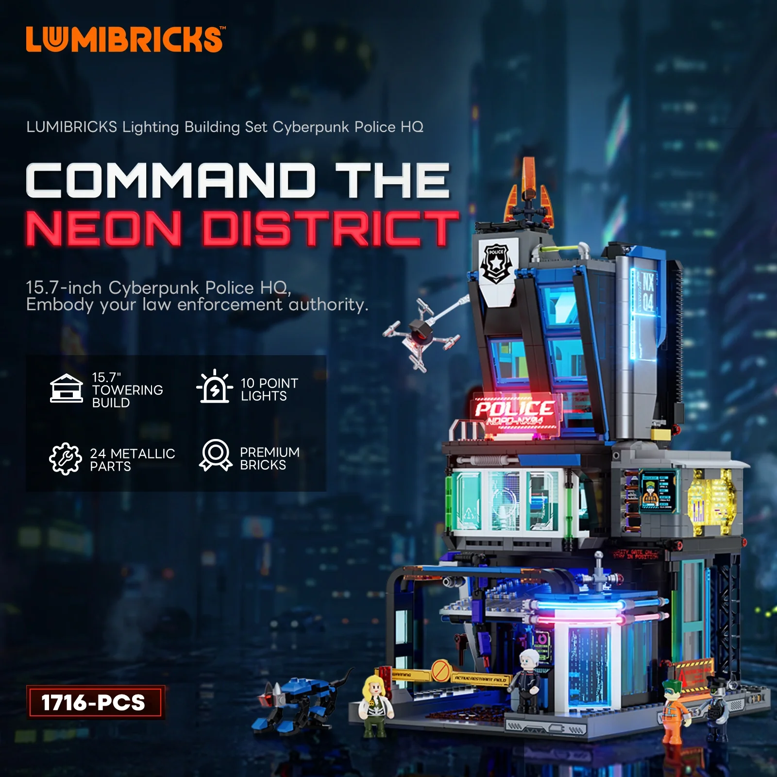 Lumibricks Cyberpunk Police HQ 17009 — полицейский участок Neoncity